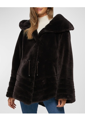 Chevron-Hem Shearling Lamb Hooded Reversible Jacket