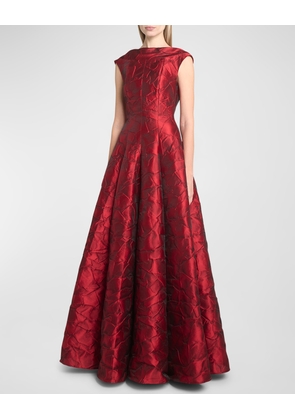 Ruffles Jacquard Cap-Sleeve Gown