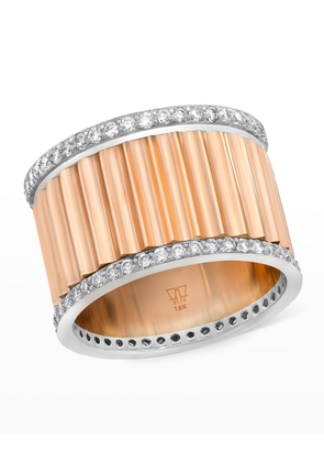 Clive Rose Gold Wide Fluted Band Ring with White Gold and Diamonds