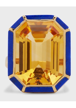 18K Yellow Gold Emerald-Cut Ring With Citrine And Lapis Lazuli