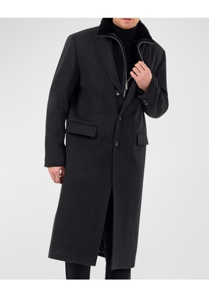 Men's Brushed Wool Long Stroller Coat With Shearling Lamb Dickey