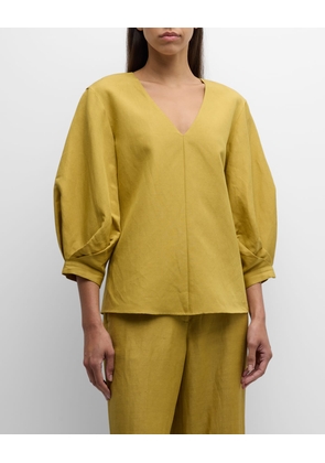 Pleated Blouson-Sleeve Silk-Linen Blouse