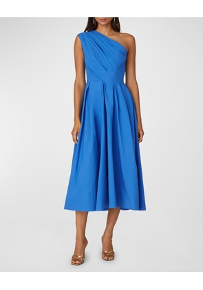 Pleated One-Shoulder Faille Taffeta Midi Dress