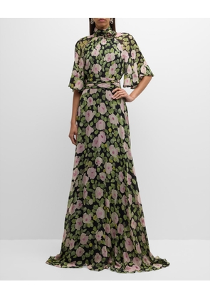 Turtleneck Floral-Print Chiffon Gown