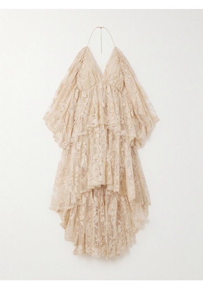 Zimmermann - Illustration Open-back Tiered Pleated Cotton-blend Lace Halterneck Mini Dress - Cream - 00,0,1,2,3,4