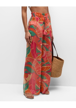 Haley Exotic Tropical Semi-Sheer Wide-Leg Pants