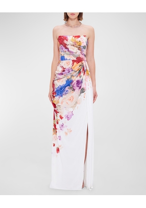 Anastasia Pleated Floral-Print Bustier Gown