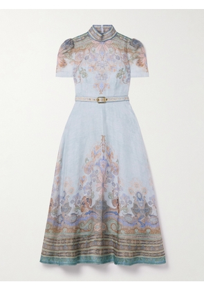 Zimmermann - Eden Belted Printed Linen And Silk-blend Midi Dress - Blue - 00,0,1,2,3,4