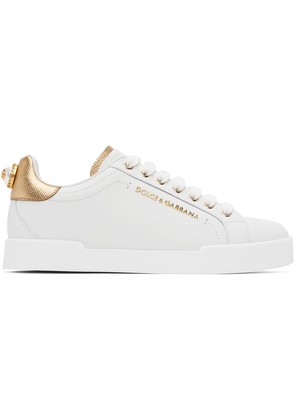 Dolce & Gabbana White & Gold Calfskin Nappa Portofino Sneakers