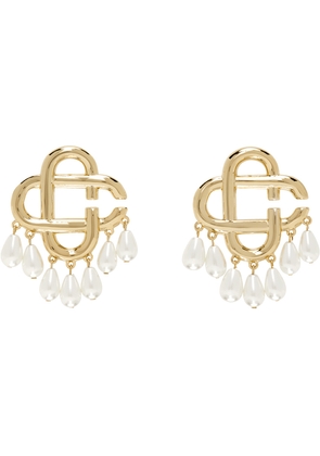 Casablanca Gold & White Pearl Drop Logo Earrings