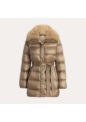 Faux-Shearling-Trim Belted Down Coat