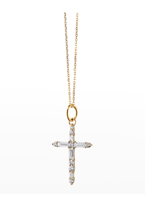 18K Yellow Gold Cross Charm Necklace with Round Diamonds