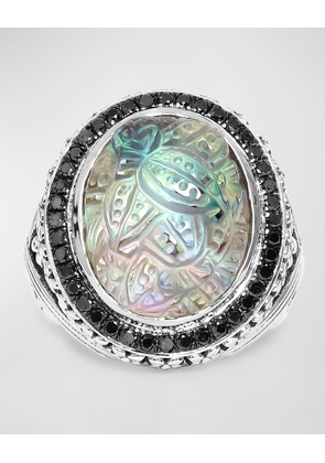 Quartz, Abalone and Black Diamond Ring in Sterling Silver, Size 7