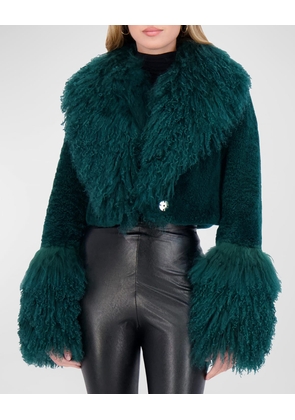 Cashmere Goat Fur Crop Bolero Jacket with Mongolian Goat Fur Collar and Cuffs