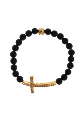 Nialaya Matte Onyx Stone Gold CZ Cross 925 Silver Bracelet - S