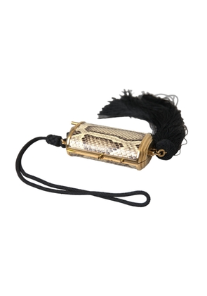 Beige Exotic Leather Mini Mirror Tassel Make Up Holder Bag