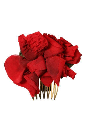 Red Silk Floral Gold Brass Women Hair Comb