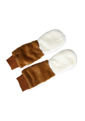 Brown White Acrylic Knitted Fur Mitten Gloves