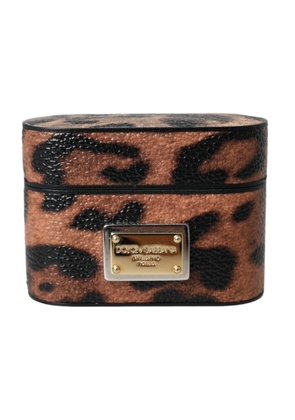 Brown Leopard Calf Leather Logo Plaque Airpods Case