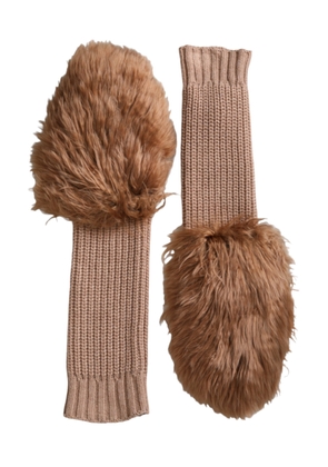 Brown Cashmere Knitted Fur Mid Arm Mitten Gloves