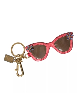 Red Leather Crystal Sunglasses Gold Metal Keyring Keychain