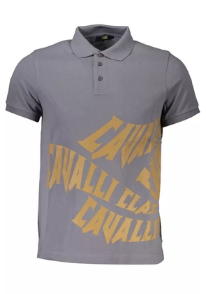 Cavalli Class Sleek Gray Cotton Polo with Classic Print - L