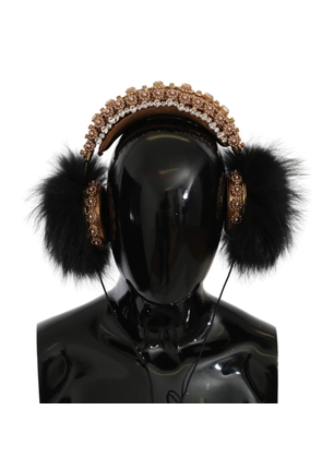 Dolce & Gabbana Gold Black Crystal Fur Headset Audio Headphones