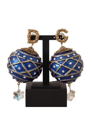 Dolce & Gabbana Gold Brass Blue Christmas Ball Crystal Clip On Earrings