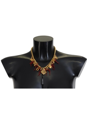 Dolce & Gabbana Gold Brass Crystal Logo Chili Statement Necklace