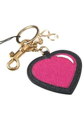 Dolce & Gabbana Black Fuchsia Heart Leather Gold Metal Keyring Keychain