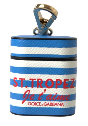 Dolce & Gabbana Blue Stripe Dauphine Leather Logo Print Airpod Case