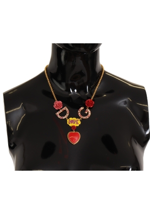 Dolce & Gabbana Gold Rose Love Crystal Charm Chain Necklace