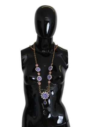 Dolce & Gabbana Gold Tone Floral Crystals Purple Embellished Necklace