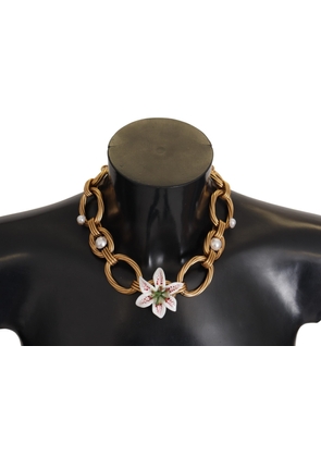 Dolce & Gabbana Gold White Lily Floral Chain Statement Necklace