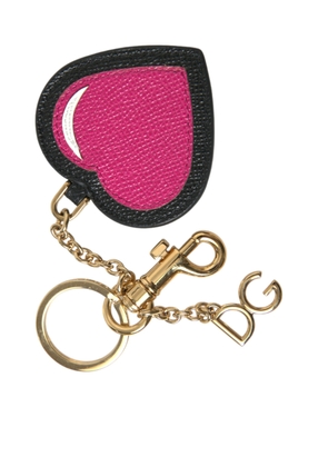 Dolce & Gabbana Pink Black Heart Leather Gold Tone Brass Keyring Keychain