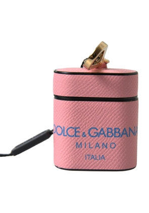 Dolce & Gabbana Pink Blue Calf Leather Logo Print Strap Airpods Case