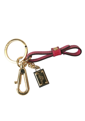 Dolce & Gabbana Red Calf Leather Gold Metal Logo Plaque Keyring Keychain