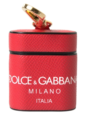 Dolce & Gabbana Red Leather Gold Tone Metal Logo Print Strap Airpods Case