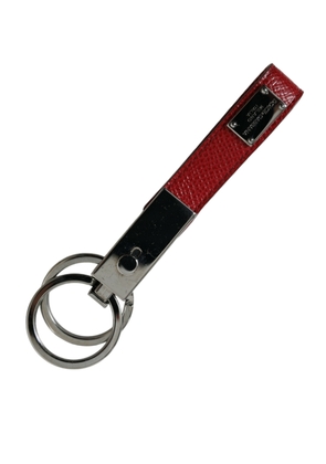 Dolce & Gabbana Red Leather Logo Plaque Silver Brass Keyring Keychain