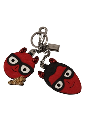 Dolce & Gabbana Red Leather Silver Tone Devil Studded Keychain