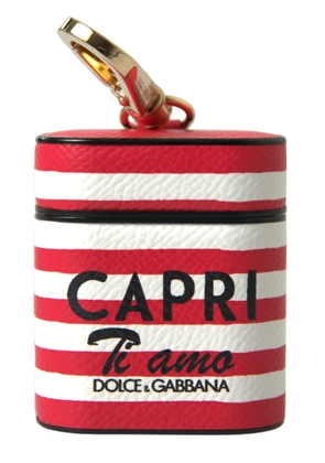 Dolce & Gabbana Red Stripe Dauphine Leather Logo Print Strap Airpod Case