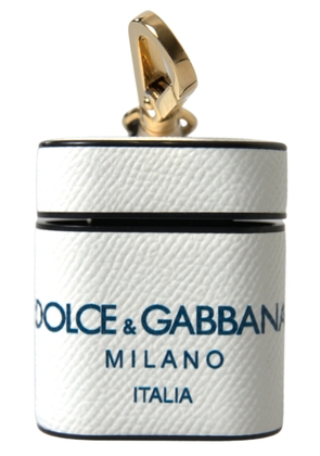 Dolce & Gabbana White Blue Calf Leather Logo Print Strap Airpods Case