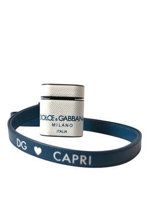 Dolce & Gabbana White Blue Calf Leather Logo Print Strap Airpods Case