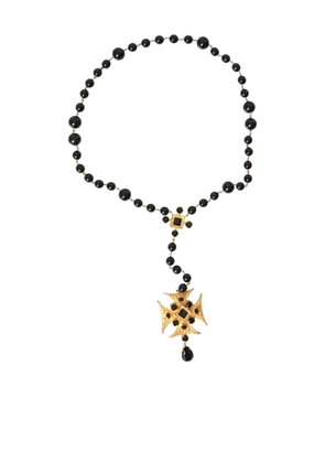 Gold Tone Brass Cross Black Beaded Chain Rosary Necklace