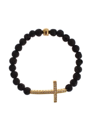 Nialaya Lava Stone Gold Clear CZ Cross 925 Silver Bracelet - S