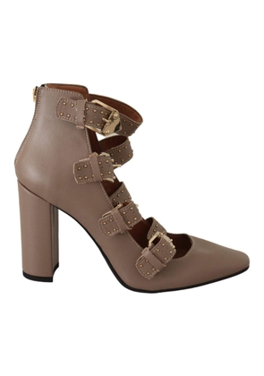 MY TWIN Brown Leather Block Heels Multi Buckle Pumps - EU37/US6.5