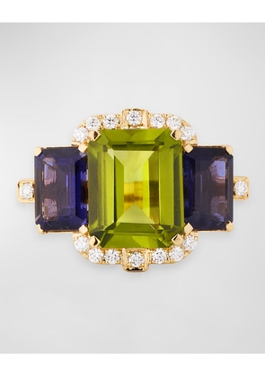 18K 3-Stone Peridot and Iolite Emerald Cut Statement Ring with Diamonds