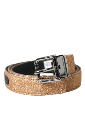 Gold Glitter Leather Silver Metal Buckle Belt - 90 cm / 36 Inches