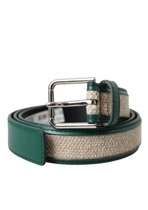 Green Beige Leather Weaved Metal Buckle Belt - 90 cm / 36 Inches