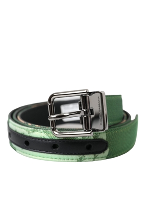 Green Leather Jacquard Silver Metal Buckle Belt - 90 cm / 36 Inches